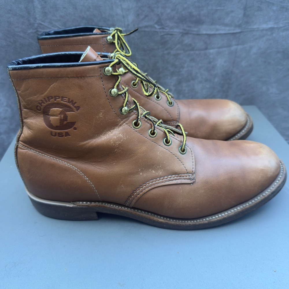 Chippewa USA Tan Leather Work Boots Size 10 Men's Brown Lace Up